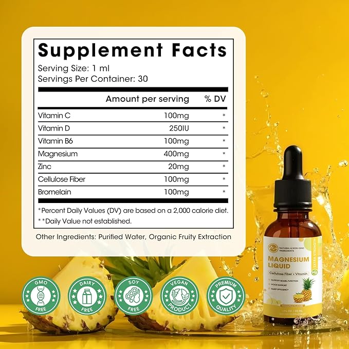 (3 Pack) Magnesium Glycinate Liquid Drops, High Absorption Magnesium Liquid with Bromelain, Vitamin B6 C D, Magnesium Supplement for Kids and Adults, Night & Muscle Support, Pineapple Flavor