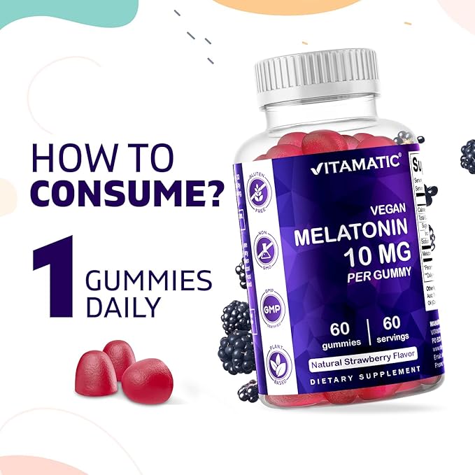 Vitamatic Melatonin 10 mg Vegetarian Gummies – Non-Habit Forming – 60 Gummies per Bottle – 2-Pack (Total 120 Vegan Gummies)