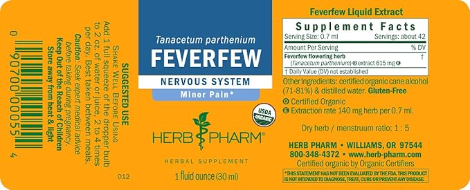 Herb Pharm Certified Organic Feverfew Liquid Extract for Minor Pain Support - 1 Ounce (Pack of 2)