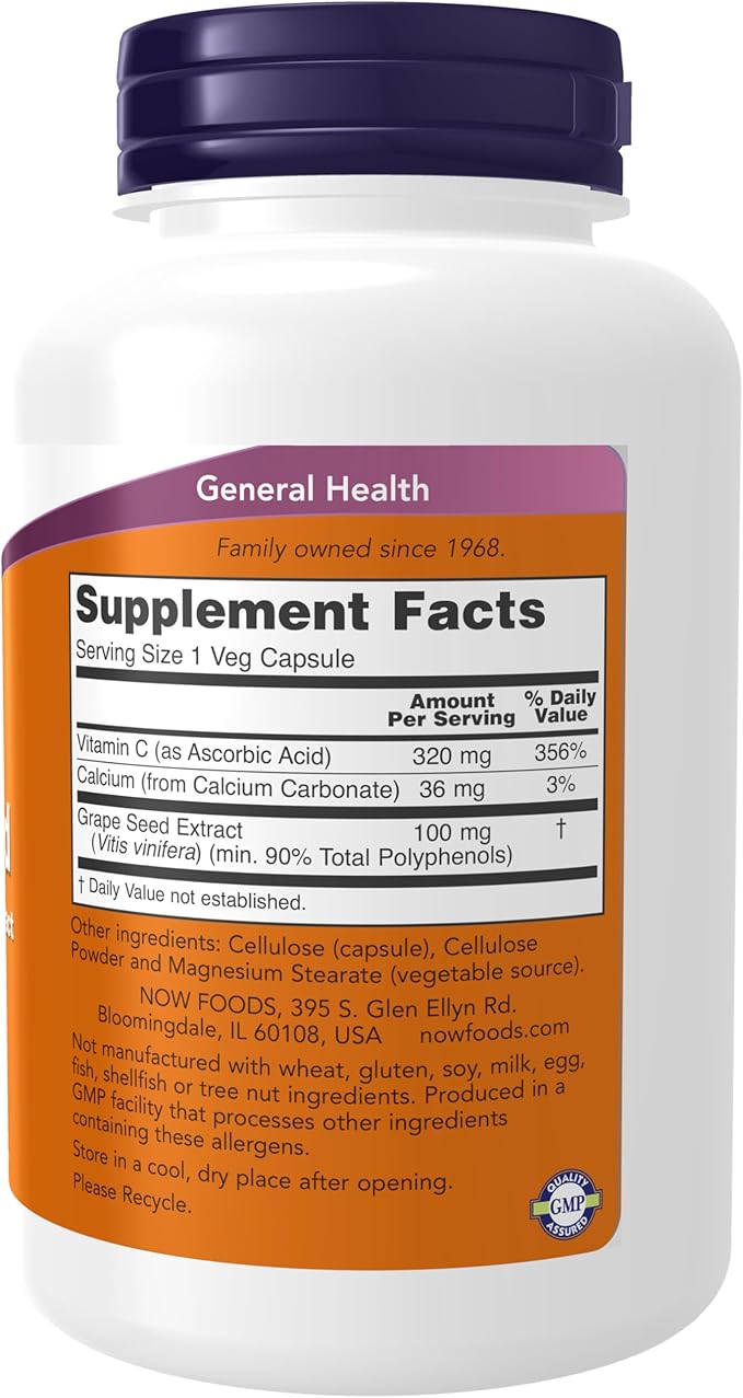 NOW Foods Supplements, Grape Seed 100 mg - Standardized Extract, Highly Concentrated Extract with a Minimum of 90% Polyphenols, with Vitamin C, 200 Veg Capsules