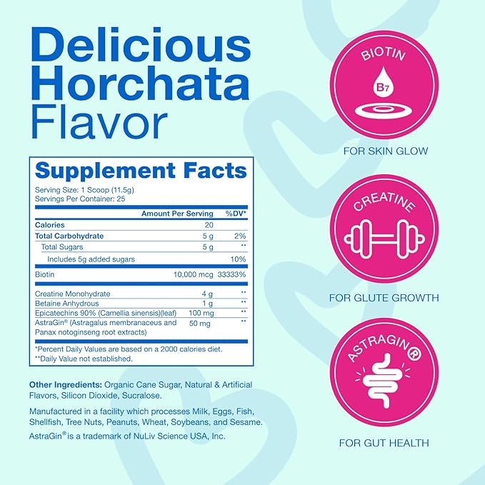 Glute Y Glow, Creatine for Women 2-in-1 Booty & Beauty Elixir W/Creatina para Glúteos┃Supports Faster Hair Growth, Stronger Nails & Glowing Skin - Horchata Flavor