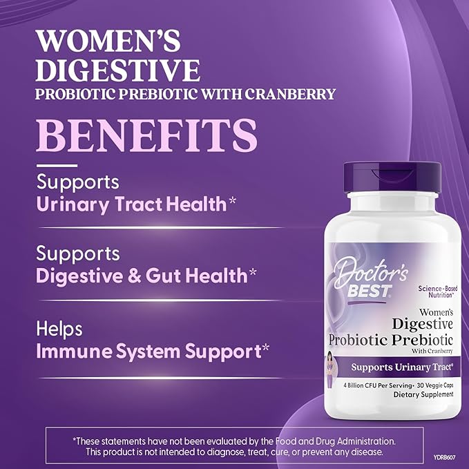 Doctor's BEST Womens Digestive Probiotic Prebiotic with Cranberry and PreforPro (4 Billion CFU), Supports Urinary Tract, Non-GMO, Vegan 30 Veggie Caps
