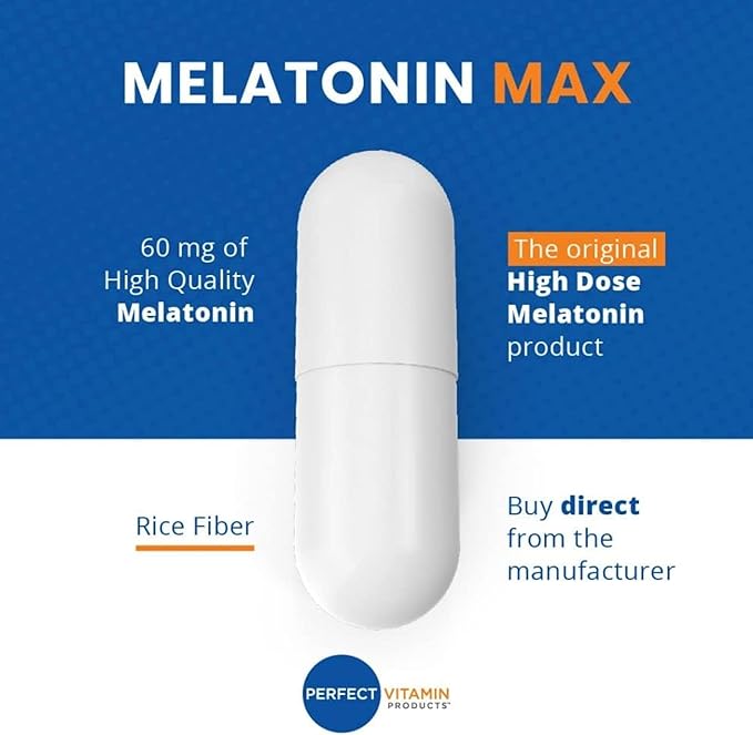 60mg Extra Strength Melatonin MAX - High Dosage Melatonin Ensures Amply Supply Of This Important Hormone - 100% Drug-Free, Vegan, Non-GMO, Gluten-Free (60 Capsules)