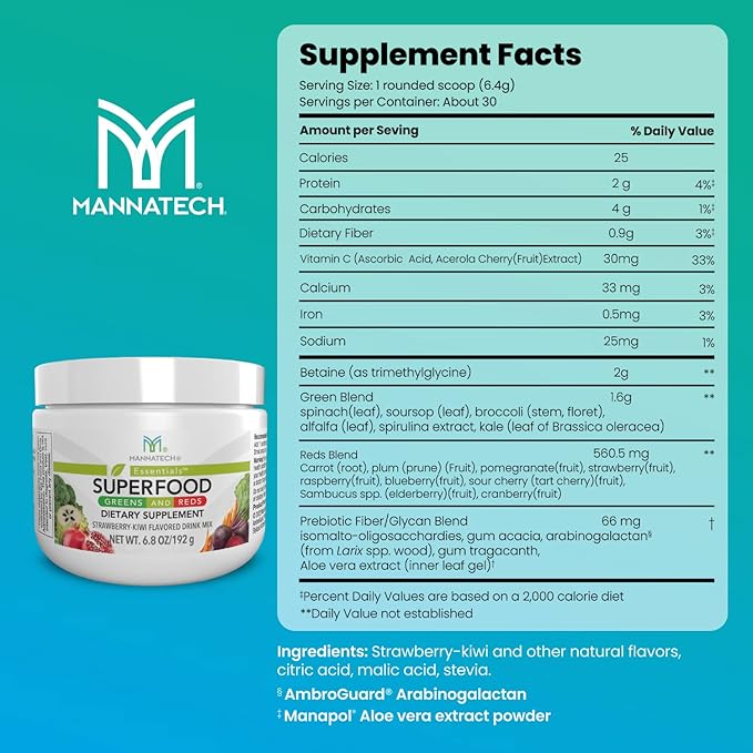 Mannatech Superfood Greens and Reds 192g, (Strawberry-Kiwi) Phytonutrients from Beet Root Powder, Spirulina Powder