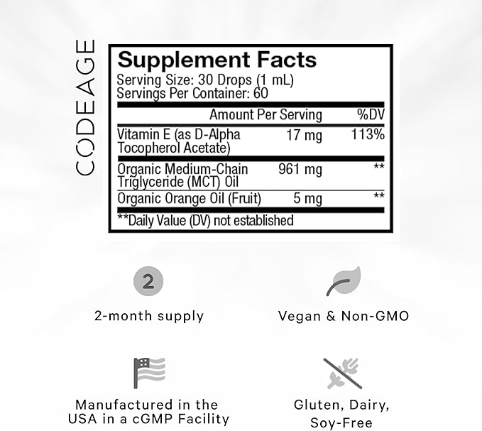 Codeage Liquid Vitamin E+ - USDA-Certified Organic Vitamin E - 2-Month Supply - D-Alpha Tocopherol Acetate, Organic MCT Oil, Organic Orange Fruit Oil, Unflavored, Non-GMO, Vegan, Gluten-Free, 2 fl oz