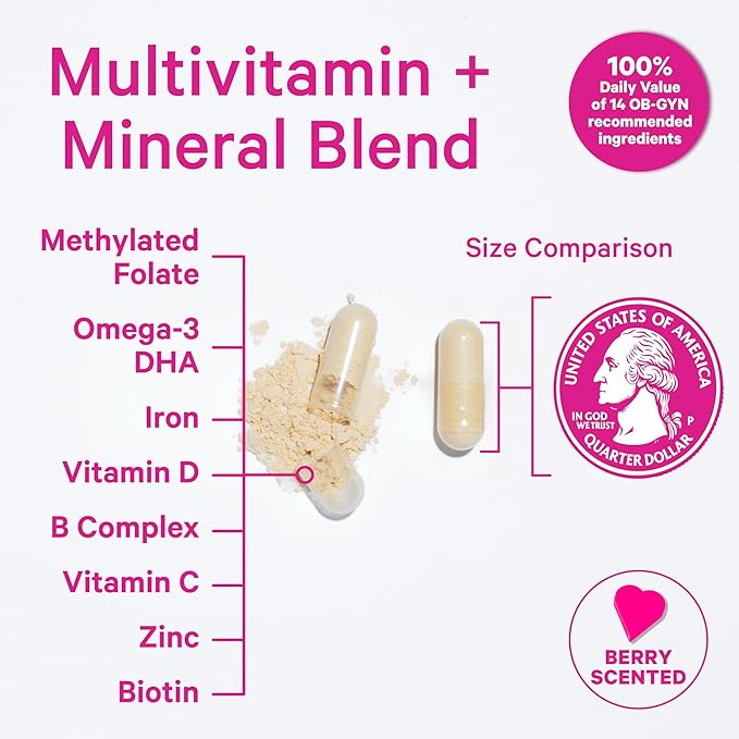 Pink Stork Total Prenatal Vitamins with DHA, Folate, Iron, Choline, and Vitamin B12 - Prenatals for Women to Support Fetal Development, Pregnancy Must Haves, Berry Essence, 60 Capsules, 1 Month Supply