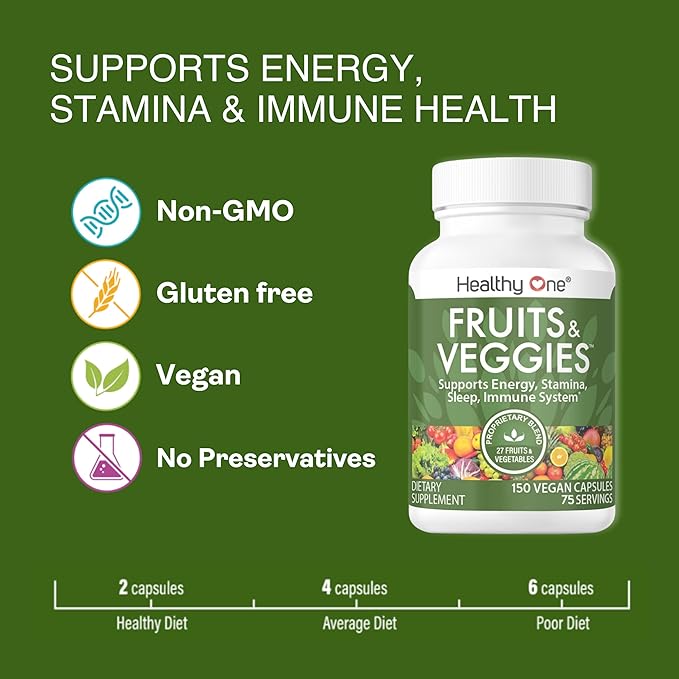 Fruits & Veggies - 27 Balanced Whole Foods of Nature - Vitamins - Minerals - Antioxidants - Detox - Vegetables - Kale - Broccoli - Spinach - Beets - Raspberries - Multivitamin - 120 Count