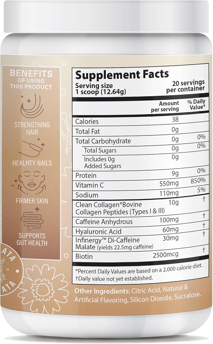 Peptide Energy Collagen Powder Hair, Nail, Skin, Type I & III,Caffeine for Energy, Vitamin C, Biotin, Hyaluronic Acid, Zero Sugar – 8.92 oz (Horchata)