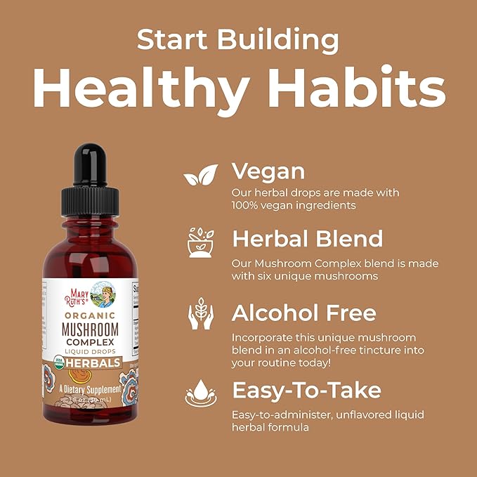 MaryRuth Organics USDA Mushroom Complex | Herbal Liquid Drops | Supplement | Lion's Mane | Reishi Mushroom | Shiitake Mushrooms | Non-GMO | Vegan | Alcohol Free Tincture | 30 Servings