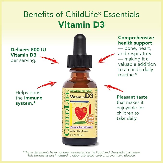 CHILDLIFE Essentials Vitamin D3 Drops for Kids, Children, & Toddlers - Liquid Vitamin D Drops, 500 IU per Drop, Immune & Bone Health Support, Natural Berry - 1 Fl Oz (Pack of 2)