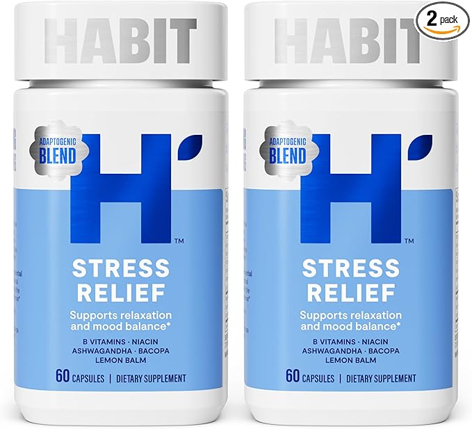 Habit Stress Relief Supplement 2 Pack (120 Capsules) - New Look, Supports Relaxation & Mood Balance, Vitamin B, Adaptogens, Lemon Balm, Calming, Vegan, Non-GMO