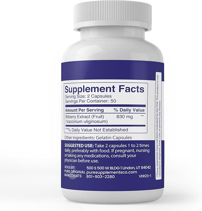 Pure Original Ingredients Bilberry Extract, (100 Capsules) Always Pure, No Additives Or Fillers, Lab Verified