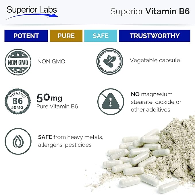 Superior Labs — Best Vitamin B6 Dietary Supplement — 50 mg Dosage,120 Vegetable Capsules —Supports Immune System Health — Healthy Brain Function — Cardiovascular Health Support