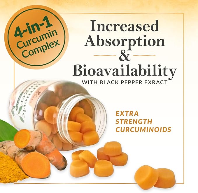 Turmeric Gummies with Black Pepper & Ginger for Best Absorption, 95% Curcuminoids Tumeric Curcumin Gummy, Nature's Herbal Extract Joint Support Supplement, Vegan Non-GMO, Peach Flavor - 120 Gummies