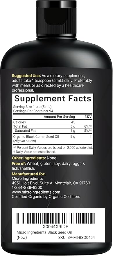 Micro Ingredients Organic Black Seed Oil, 16 fl oz | Cold Pressed from Nigella Sativa Seeds | Rich in Thymoquinone & Omega 3 6 9 | Immune, Joint, Hair & Skin Support | Pure Virgin Oil, Non-GMO