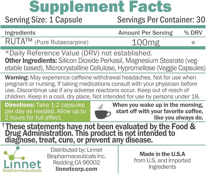 Daily De-Caffeinate, Rutaecarpine, Natural Acting Non-Addictive Deep Sleep Aid for Coffee, Caffeine Lovers, Unwind and Relax, 30 Capsules