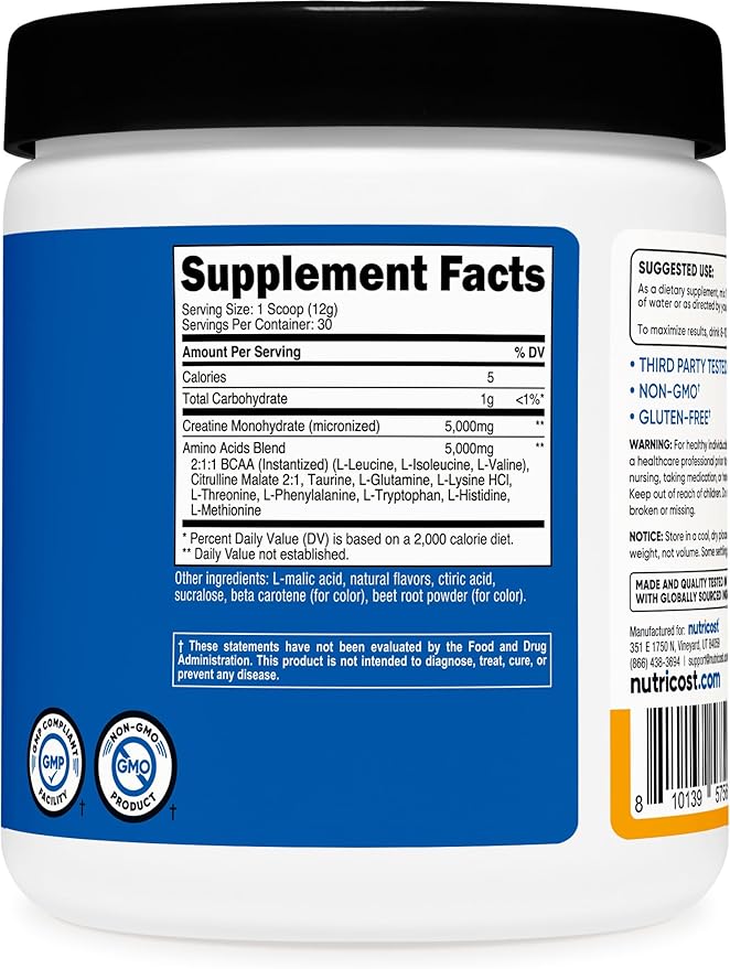 Nutricost Creatine + Aminos 30 Servings (Peach Mango Flavored) - 5,000mg Creatine Monohydrate + 5000mg Amino BCAA Blend Per Serving