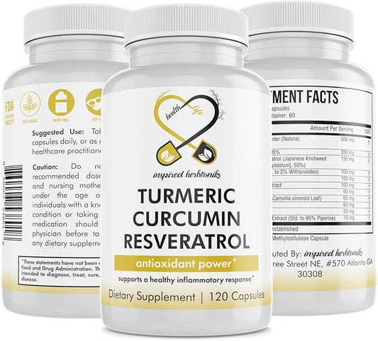Turmeric Curcumin Resveratrol Nutritional Supplement, Antioxidant Properties, Supports Good Inflammation and Immune System, 120 Vegan Capsules