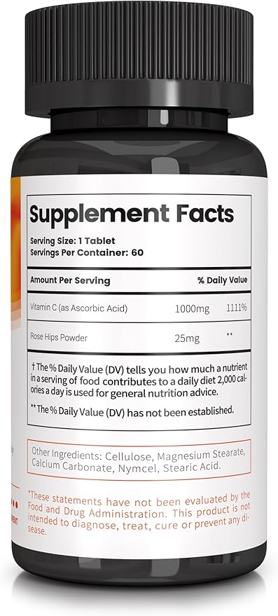 VC 1000 - High-Dose Vitamin C Supplements for Immune Support & Antioxidant Protection - Buffered Formula with Rose HIPS Powder - 60 Tablet