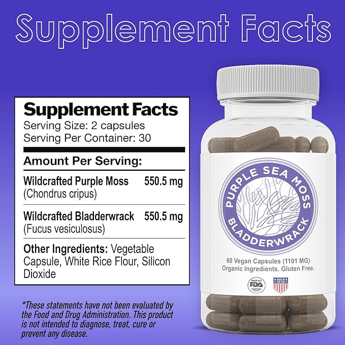 Purple Seamoss + Bladderwrack Seaweed Capsules - 2202mg Complete Nutrient Profile Dr. Sebi Inspired Wildcrafted & Wildharvested Made in The USA Rich in Minerals 60 ct