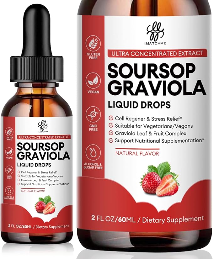 Soursop Graviola Liquid Drop, Soursop Bitters Liquid, Natural Soursop Leaves & Fruit Complex for Overall Wellness, Sugar/Caffeine/Gluten Free, Strawberry Flavor, 2 Fl Oz