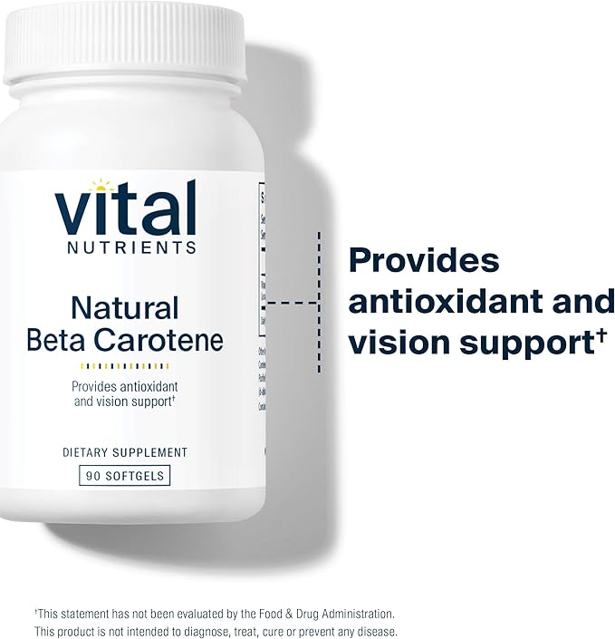 Vital Nutrients Natural Beta Carotene 25,000IU | Precursor to Vitamin A | High-Dose Antioxidant | Vision, Skin, and Health Support | Gluten, Dairy, Soy Free | 90 Softgels