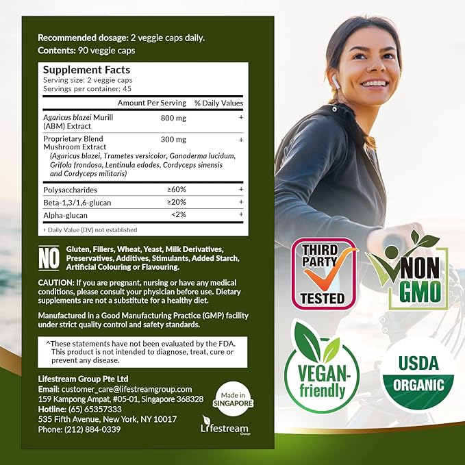 LABO Nutrition Bioactive Organic Agaricus Ultra - 7 Mushroom Extract Supplement Agaricus blazei Murill Cordyceps, Maitake, Turkey Tail, Lingzhi, Shiitake for Advanced Immune Support, USDA Organic
