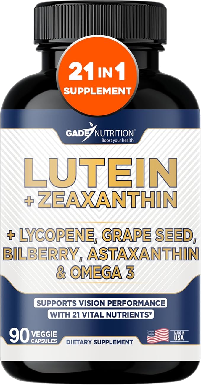 Gade Nutrition Lutein and Zeaxanthin Supplements | Astaxanthin, Omega 3, Resveratrol, Bilberry, Lycopene, Quercetin, Ginkgo Biloba, Vitamin D - Eye Health Vitamins, Eye Support, Health Vision Formula