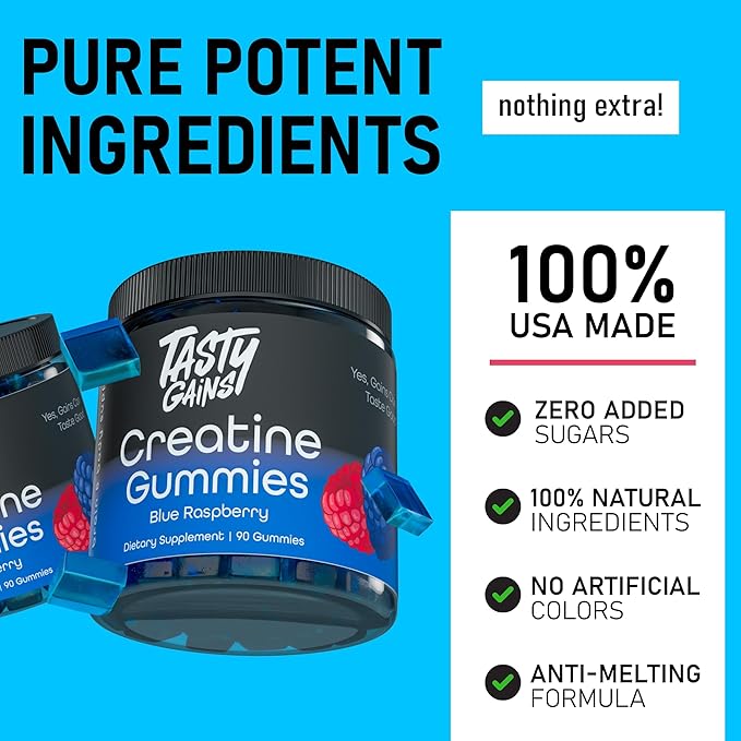 Creatine Infused Gummies, 90g of Creatine, Non-GMO, Vegan - Build Muscle & Boost Strength for Men & Women (1g Creatine Monohydrate Per Gummy) Made in USA