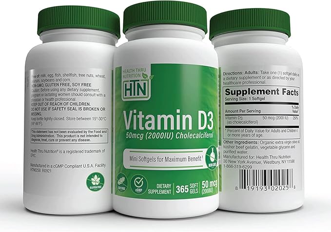Vitamin D3 2000iu 365 Mini Softgels for Maximum Benefits | Year Supply | 50mcg Cholecalciferol | 3rd Party Tested | Non-GMO USP Grade in EVOO | Immune Health Support | Health Thru Nutrition