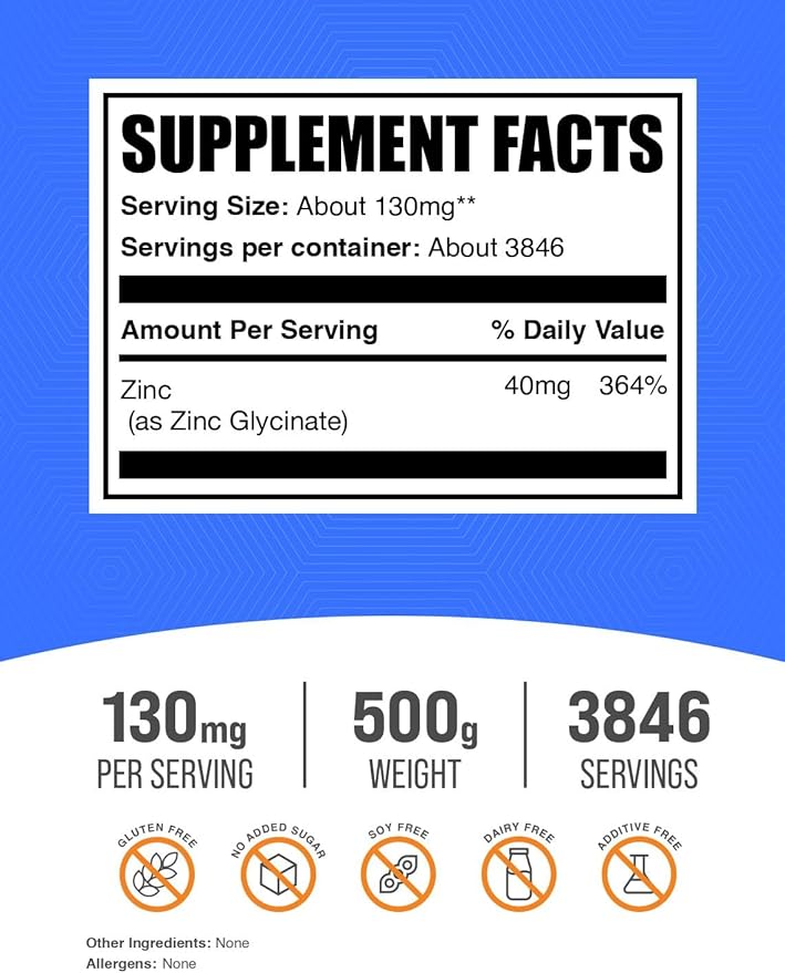 BulkSupplements.com Zinc Glycinate Powder - Zinc Supplement, for Immune Support - Gluten Free, 130mg per Serving, 500g (1.1 lbs) (Pack of 1)
