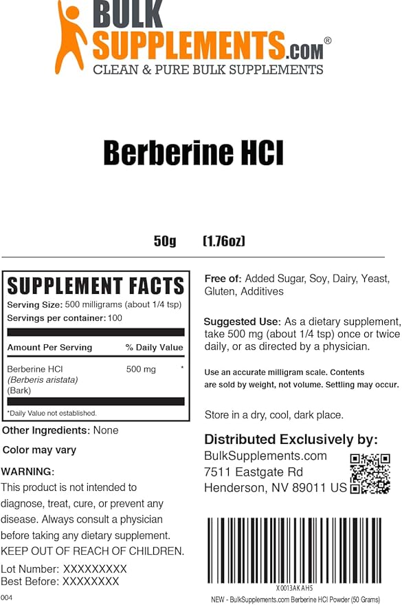 BulkSupplements.com Berberine HCl Powder - Berberine Supplement, Berberine 500mg, Berberine Powder - Gluten Free, 500mg per Serving, 50g (1.8 oz) (Pack of 1)