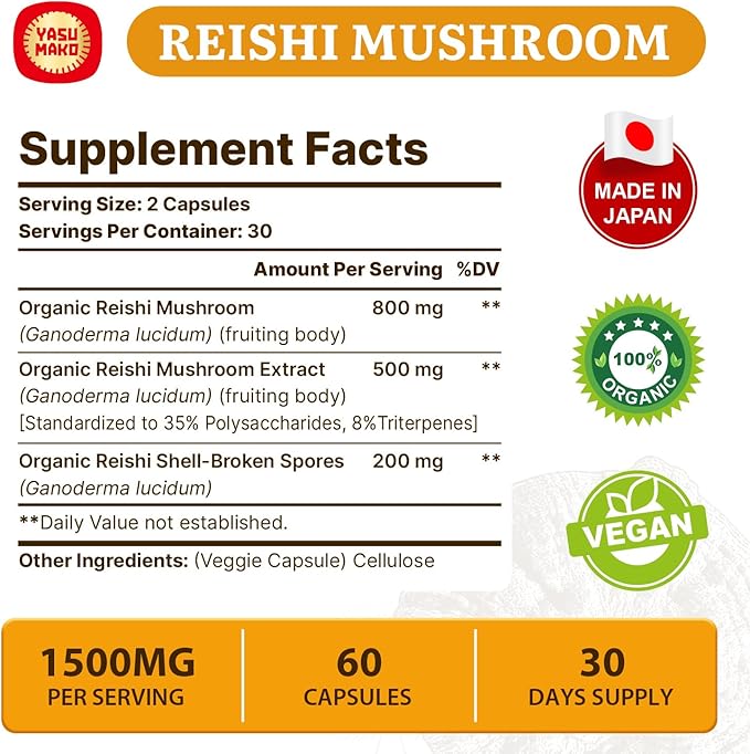 Japanese Reishi Mushroom Supplement 800mg with Reishi Mushroom Extract 500mg & Shell-Broken Spores 200mg,Organic Mushroom Capsules for Immune System - Real Fruiting Body (Pack of 2)