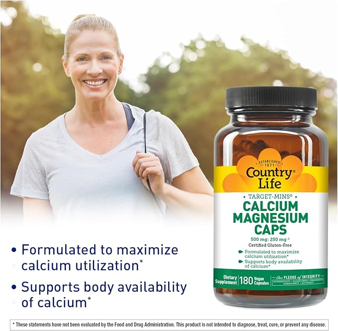 Country Life Target-Mins Calcium Magnesium Complex - 1000mg Calcium, 500mg Magnesium, Gluten-Free Supplement for Bone Health