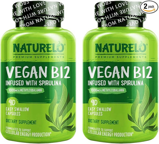 NATURELO Vegan B12 - Methyl B12 with Organic Spirulina - High Potency Vitamin B12 1000 mcg Methylcobalamin - Supports Healthy Mood, Energy, Heart & Eye Health - 90 Capsules (Pack of 2)