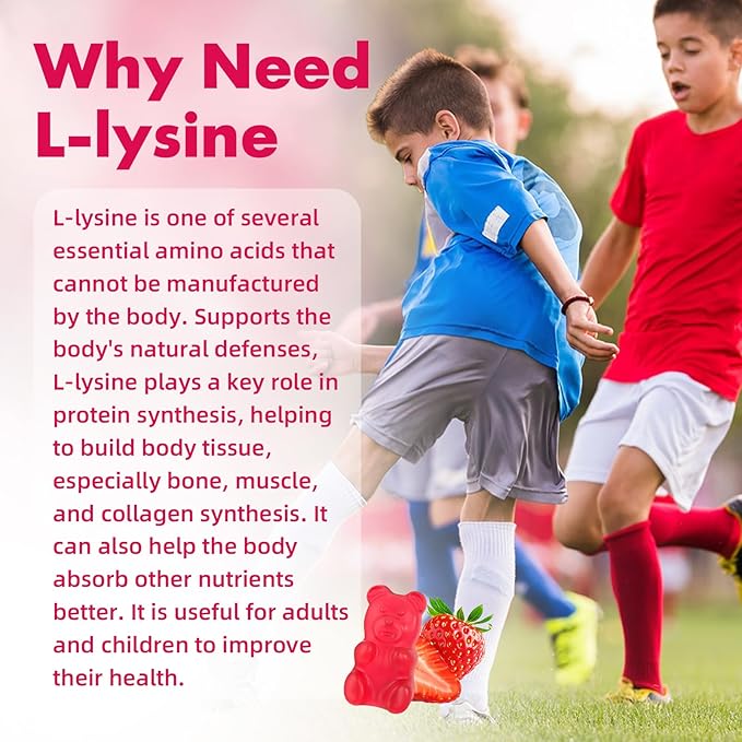 L-Lysine 1000mg Gummies, Chewable Lysine Supplement for Adults & Kids Immune Support, Essential Amino Acid, Vegetarian, Non-GMO, Sugar-Free, Gluten Free, Strawberry Flavor, 60 Counts