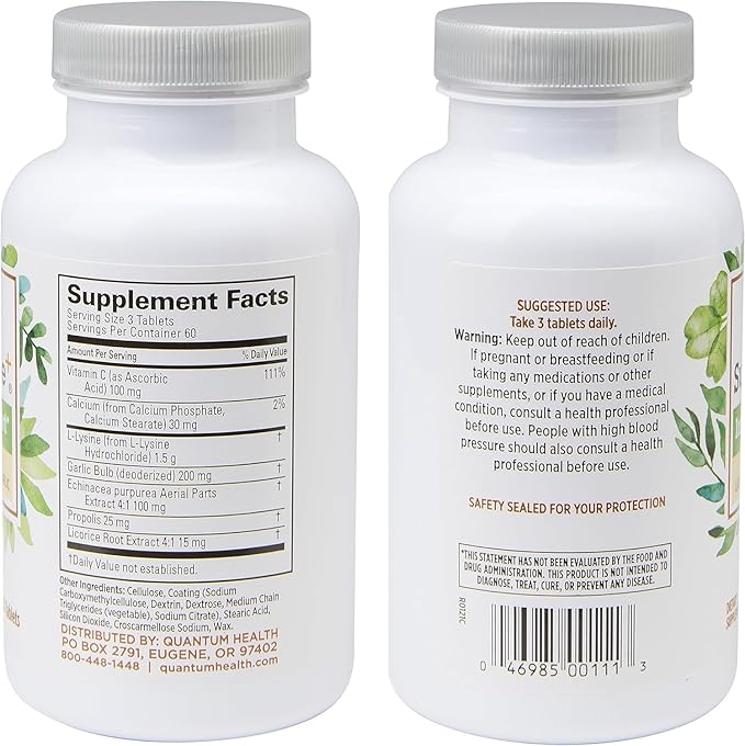 Quantum Health SuperLysine+ Advanced Formula Immune Support Supplement Lysine 1500 mg, Vitamin C Echinacea Licorice Bee Propolis & Odorless Garlic - 180 Tablets (Pack of 2)