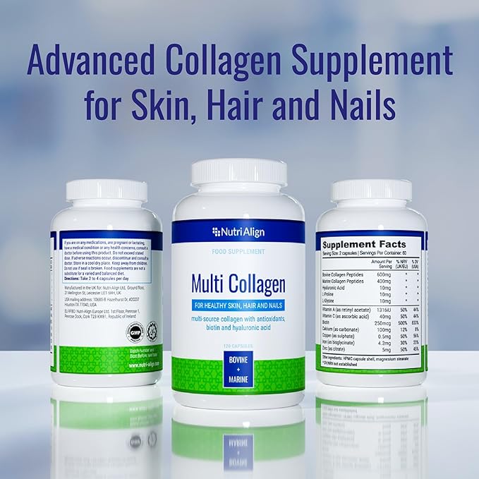 Nutri-Align Multi Collagen | 120 Collagen Peptides Capsules - 600mg Bovine Collagen & 400mg Marine Collagen per Serving | Collagen for Women Hair, Skin & Nails with Vitamins & Amino Acids | Sugar Free
