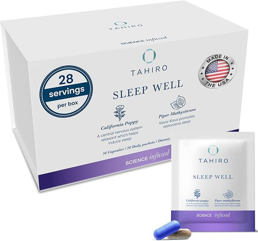 TAHIRO Sleep Well Supplement – Sleep Supplement with Kava, Valerian – Non-GMO Vegan Herbal Capsules Natural Formula – 28-Packets