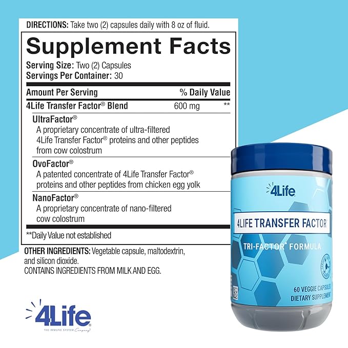 4Life Transfer Factor Tri-Factor Formula - Advanced Immune Support with Cow Colostrum & Chicken Egg Yolk - 60 Veggie Capsules