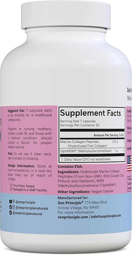 Zen Principle Marine Collagen Peptides Powder with OptiMSM® Supplement. Clinically Tested for Skin Support. Wild-Caught Fish, Non-GMO. 420 Capsules.
