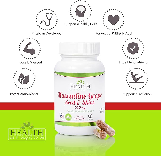 Health As It Ought To Be Muscadine Grape Seed & Skins 650 mg Supplement | Physician Formulated Powerful Antioxidant Support Beyond The Average Grape | 90 Capsules