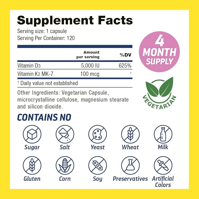 Vitamin K2 D3-100mcg of Vitamin K2 (as MK-7) and 125mg (5,000iu) of Vitamin D3, K2 D3 Vitamin Supplement Supports Healthy Bones and Circulation, Vitamin D3 K2 120 Capsules