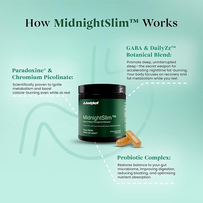 MidnightSlim™ | Nighttime Fat Burner for Weight Loss, Deep Sleep & Gut Health | Bloating, Metabolism & Belly Fat Support | Probiotics, Paradoxine®, GABA | 30 Capsules