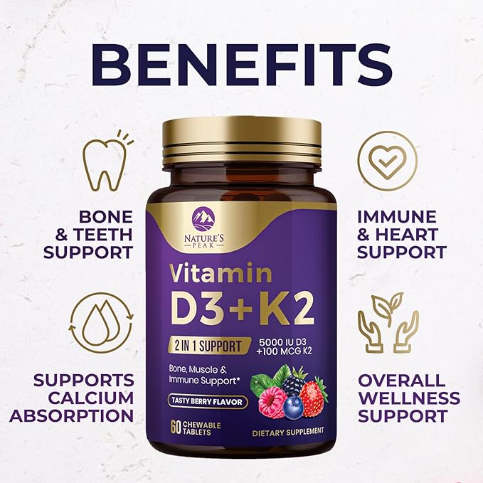 Vitamin D3 5000 iu Plus K2 (MK-7) 100 mcg - 2 in 1 Vitamins D & K Complex - Supports Calcium Absorption, Bone, Immune, & Heart Health – Made in the USA, Non-GMO, Easy to Swallow - 60 Chewable Tablets
