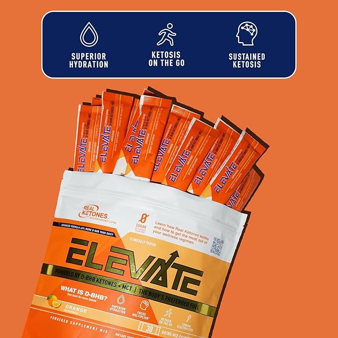 Real Ketones MCT & BHB Exogenous Ketones Drink Mix Packets Elevate Keto Electrolytes Powder Packets No Sugar with 4 Main Electrolytes Plus Hydrating Proprietary Keto BHB - 30 Pack Orange