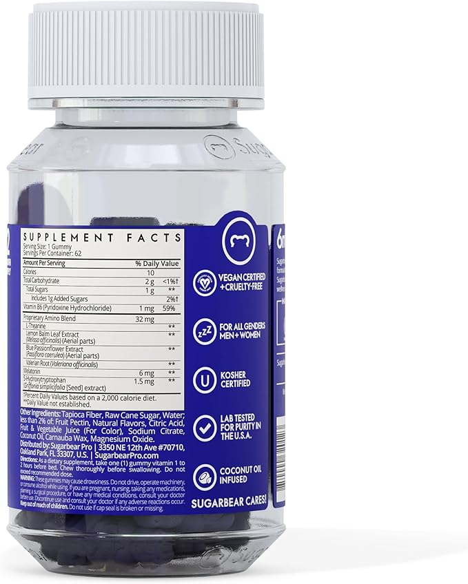 Sugarbear Sleep Gummy 2 Month Supply, Extra Strength Melatonin 6mg, for Men & Women, Vegan Vitamin B6, L-Theanine, 5 HTP, Valerian, Sleep Aid for Adults & Teens, Certified Kosher, Halal, Cruelty-Free