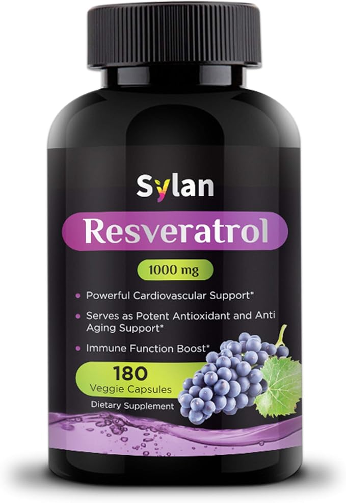 SYLAN Trans Resveratrol Supplement, 1000mg, 180 Veggie Capsules, Antioxidant, Supports Heart, Joint, Brain, Immune Health & Anti-Aging, Non-GMO, Made in USA, Resveratrol 500mg Powder per Capsul