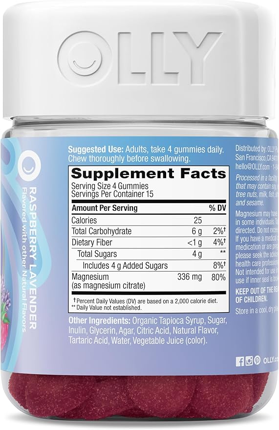 OLLY Relaxing Magnesium Gummies, Supports Muscle Relaxation*, Magnesium Citrate, Raspberry Lavender Flavor, 15 Day Supply - 60 Count
