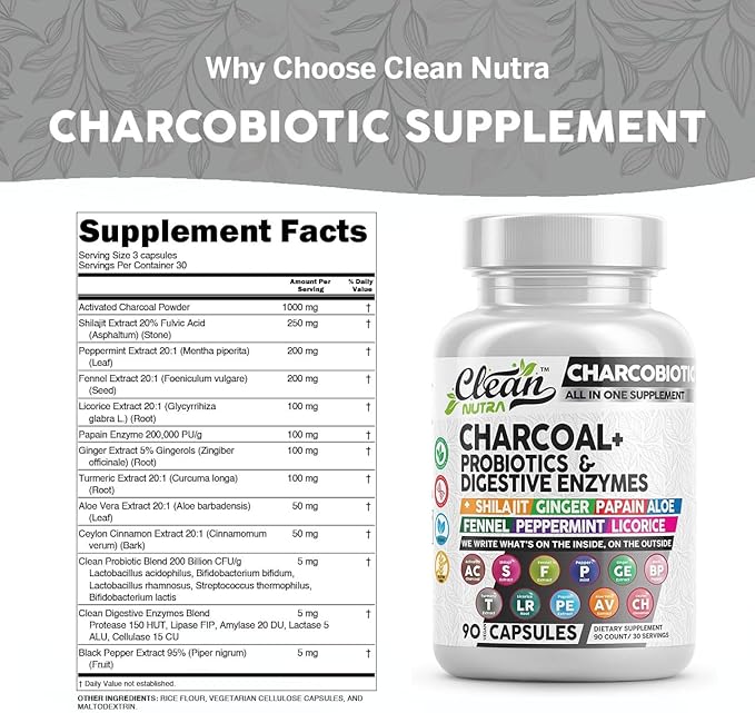 Clean Nutra Activated Charcoal Capsules Shilajit 5000mg Pills Probiotic 200 Billion + Digestive Enzymes for Digestive Health with Peppermint Fennel Licorice Papain Ginger Turmeric | Gut Health